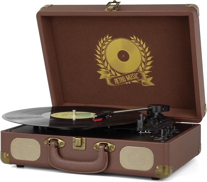 Vinyl Record Player Bluetooth Turntable 3-Speed Suitcase Portable Vintage Belt-Driven Record Player with Built-in Speakers RCA Line Out AUX in Headphone Jack,Brown