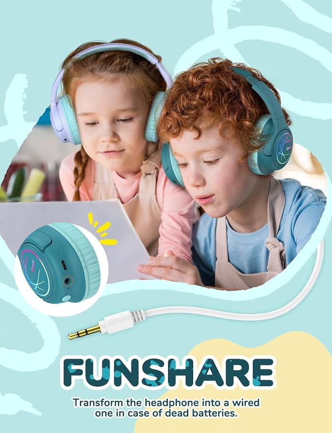 iClever Kids Bluetooth Headphones with LED Lights, BTH18 Safe Volume 74/85dBA, 43H Playtime, Bluetooth5.3 Kids Headphones Wireless Aux Cord for iPad/Tablet/Travel/School, Green