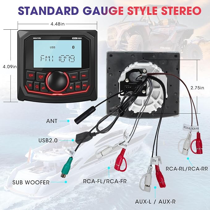 Waterproof Bluetooth Radio for Golf Cart: DOVOX Boat Marine Gauge Stereo - 2.8 Inch LCD Display AM FM USB AUX Subwoofer 200W Output - Gift for Golfer