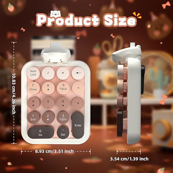 FELICON Cute Wireless Numeric Keypad with Silicon Bear,18-Key Colorful Round Keycaps,Ergonomic,2.4GHz Wireless Connection,Portable Financial Accounting Numpad Membrane Keyboard for PC,Laptop(Milk Tea)