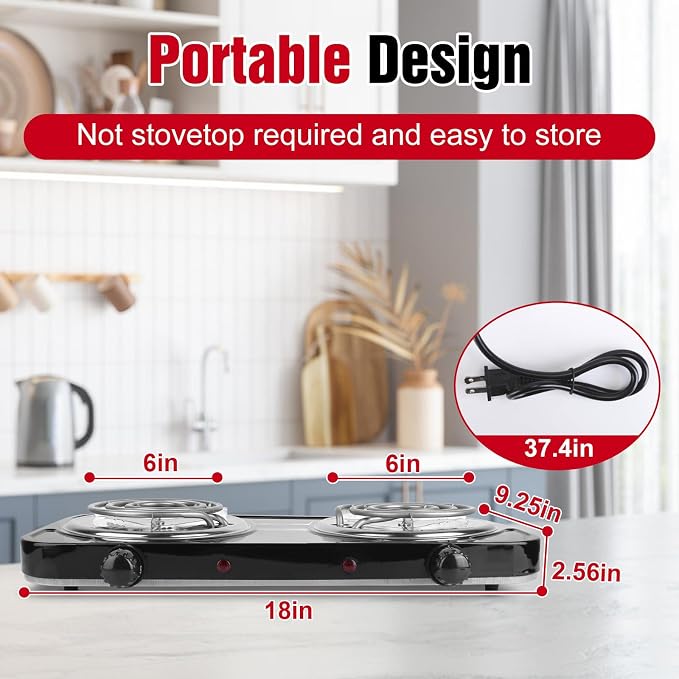 2000W Electric Hot Plate,Portable Electric Stove Countertop Double Coil Burners W/Dual Control&5 Level Temperature Control, Easy to Clean,Lightweight Cast Iron Countertop Stove for Home Camp RV 110V