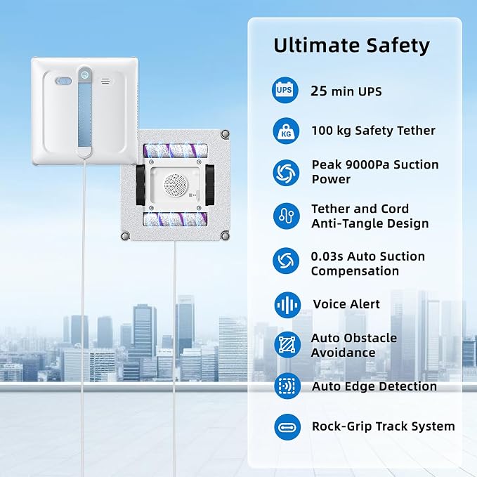 Window Cleaning Robot - Patented DualFore Tech, Turbo Roller Brush + Microfiber Pad Combo Cleaning, 6 Wide-Angle Spray Nozzles, AI Nav, Multi-Layer Safety, App/Remote Control