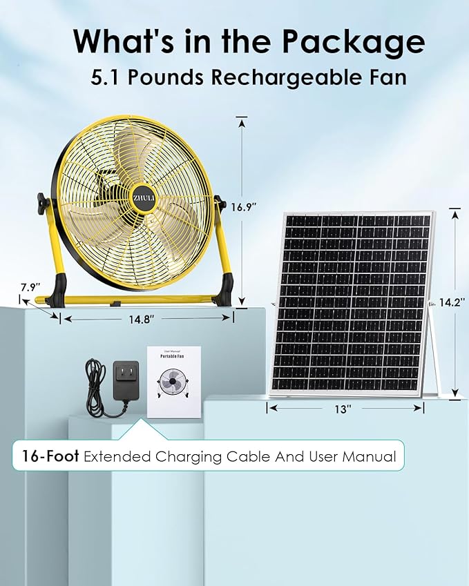 ZHULI 14" Solar Fan, Portable Battery Operated Solar Fans for Outside, Rechargeable Cordless Camping Fan, 30W Solar Panel, Hi-Velocity Brushless Motor, Metal Blade, USB Phone Charge, Quiet, Wireless