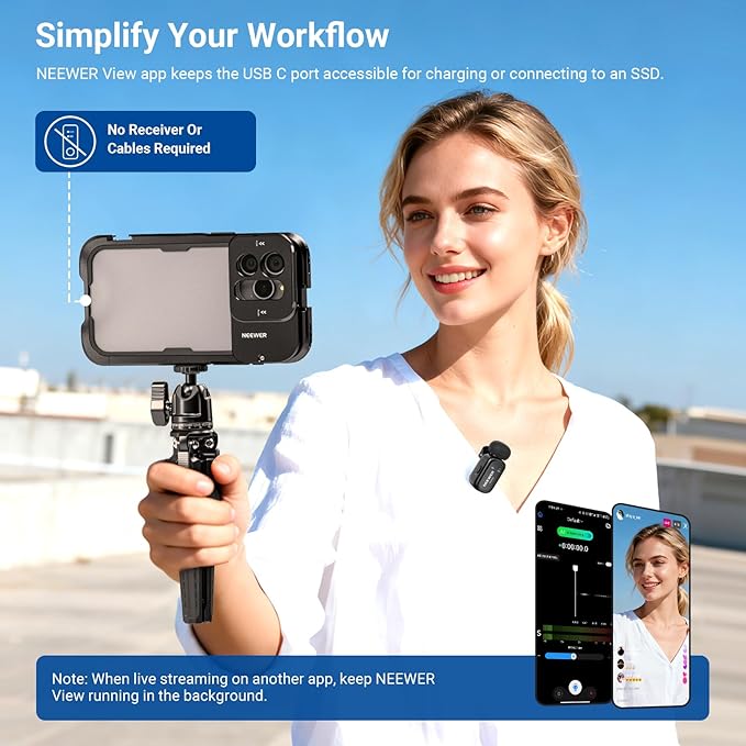 NEEWER KM19B Wireless Lavalier Microphone Transmitter with App Control, 10Hrs Battery, Noise Cancelling Magnetic Mini Clip On Lapel Lav Mic for iPhone Android Phone Video Recording Streaming Vlogging