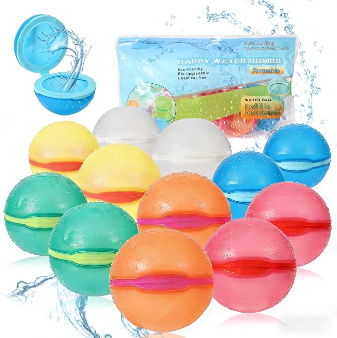 Reusable Water Balloons Refillable for Kids: Soft Silicone Material Self Sealing for Outdoor Activities - Summer Pool Beach Water Bomb for Boys Girls 3-12 Years (12Pack)