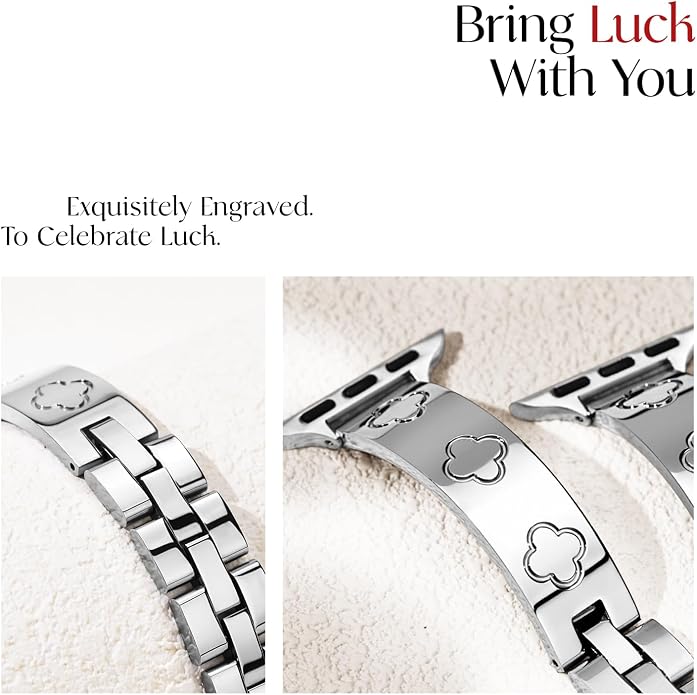 Missair Compatible with Apple Watch Band 38mm 40mm 41mm 42mm 44mm 45mm 46mm 49mm, Four Leaf Lucky Bracelet Women Dressy Stainless Steel Metal Clover Strap for iWatch Series 11 10 9 8 7 6 5 4 SE Ultra