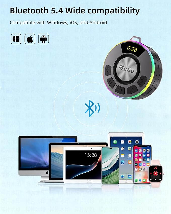 MuGo Bluetooth Shower Speaker, 360° HD Stereo Sound, IPX7 Waterproof Wireless Speaker Bluetooth 5.4 with RGB Lights, Suction Cup and Microphone, Small Shower Radio for Home/Party/Outdoor/Gifts