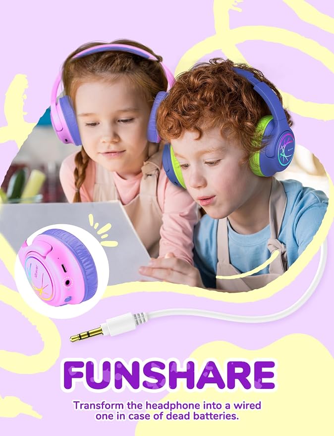 iClever Kids Bluetooth Headphones with LED Lights, BTH18 Safe Volume 74/85dBA, 43H Playtime, Bluetooth5.3 Kids Headphones Wireless Aux Cord for iPad/Tablet/Travel/School, Pink/Blue