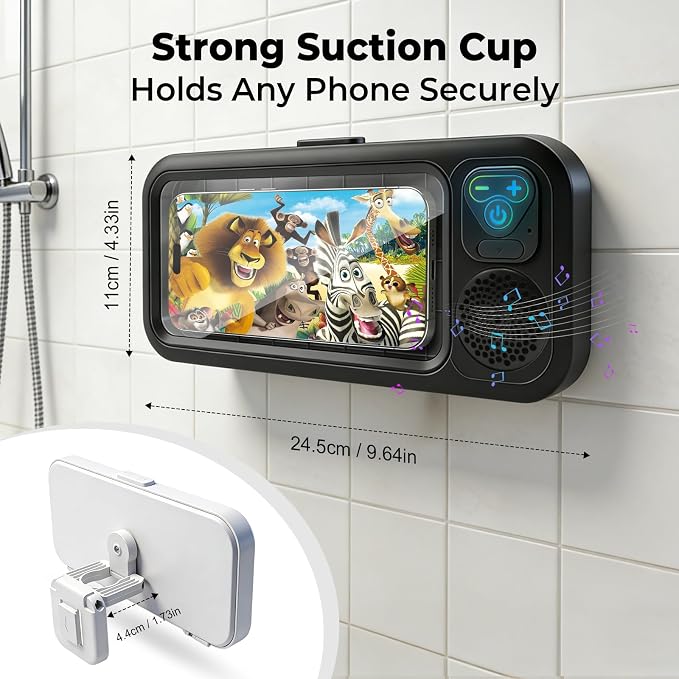 Waterproof Shower Phone Holder with Bluetooth Speaker Ipx5 360 Rotatable Suction Cup Wall Mount Universal for All Smartphones