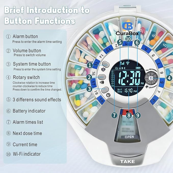 Wi-Fi Automatic Pill Dispenser Smart Medication Assistant for Seniors & Caregivers with 21 Individual Pods, Alarms & Sound Light Reminders, Remote Monitoring & Tracks Adherence History, Key Lock