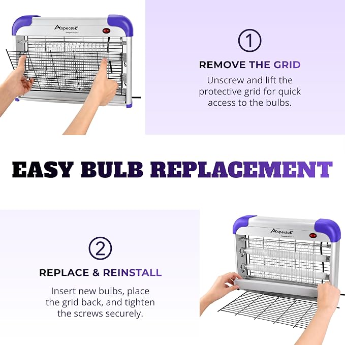 ASPECTEK 20W Heavy Duty Bug Zapper, High-Voltage Electric Mosquito and Fly Killer, Indoor and Covered Outdoor Gnat Control for Bedroom, Patio and Greenhouse, Includes 2 UV Bulbs - Purple