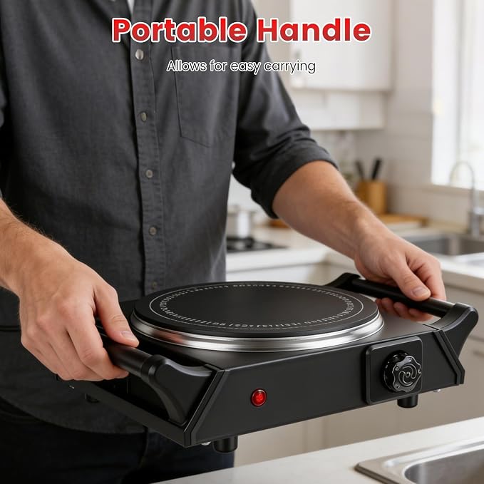 Electric Burner, Electric Hot Plate for Cooking Portable Cooking Stove, Countertop Burner Cooktop for Kitchen, Dorm, Temperature Control, Easy to Clean, Black