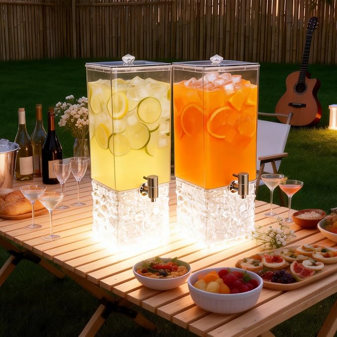 2 PCS 3.2 Gallon Drink Dispensers for Parties, Beverage Dispenser with 304 Stainless Steel Spigot, Plastic Lemonade Juice Dispenser With LED Light Stand, Great for Water, Juice, Punch, Ice Tea