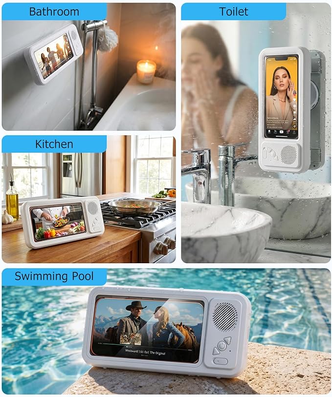 Shower Phone Holder with Bluetooth Speaker,IPX5 Waterproof,Touch-Friendly Screen Access,No-Drilling Adhesive Wall Mount,360° Rotation Bathroom Phone Holder for Shower Bathtub Kitchen Pool(White)