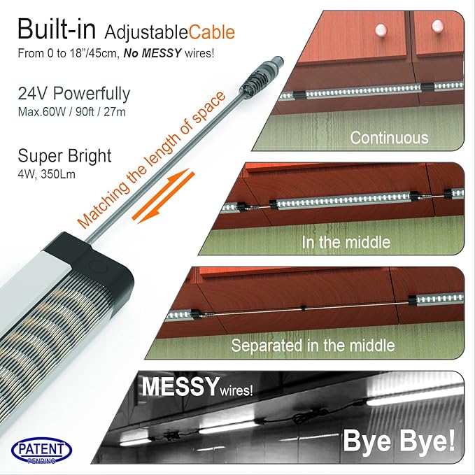 EBD Under Cabinet Lighting Plug in 6 Pcs 12 Inch, Dimmable No Messy Wires Built-in Adjustable Cable LED Light Bar 6500K 2700LM for Kitchen Home Office, Memory for Smart Plug, 1 Pcs Extension Cables