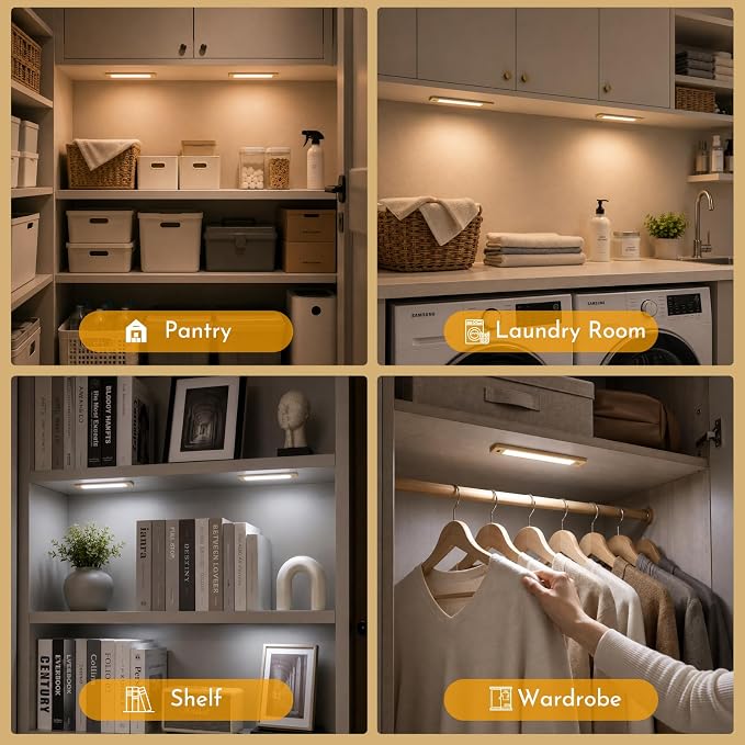 V4light Under Cabinet Light, Rechargeable Magnetic LED Bar with 1800mAh, Gold Aluminum Motion Sensor Lighting Indoor, Dimmable 3 Color Temperatures for Kitchen, Closet, Shelf & Stair (9 in)