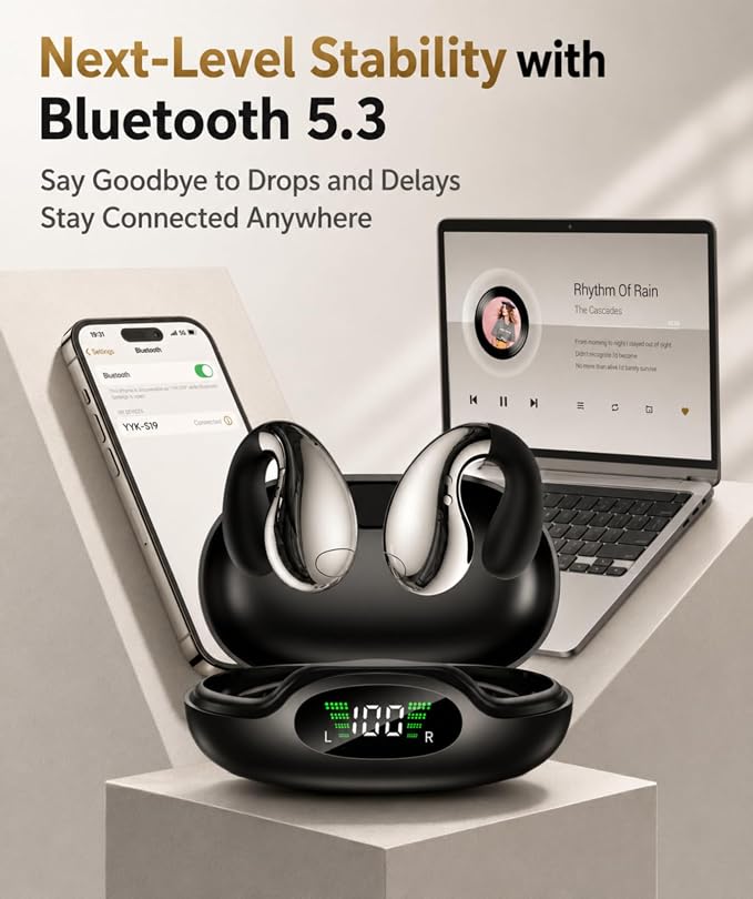 Boytond Ultra Open Ear Earbuds, Comfort Clip On Earbuds, Wireless Bone Conduction Headphones with Bluetooth 5.3, Fast Charging Fast Charging for Running, Sports, and Travel, Glaze Black