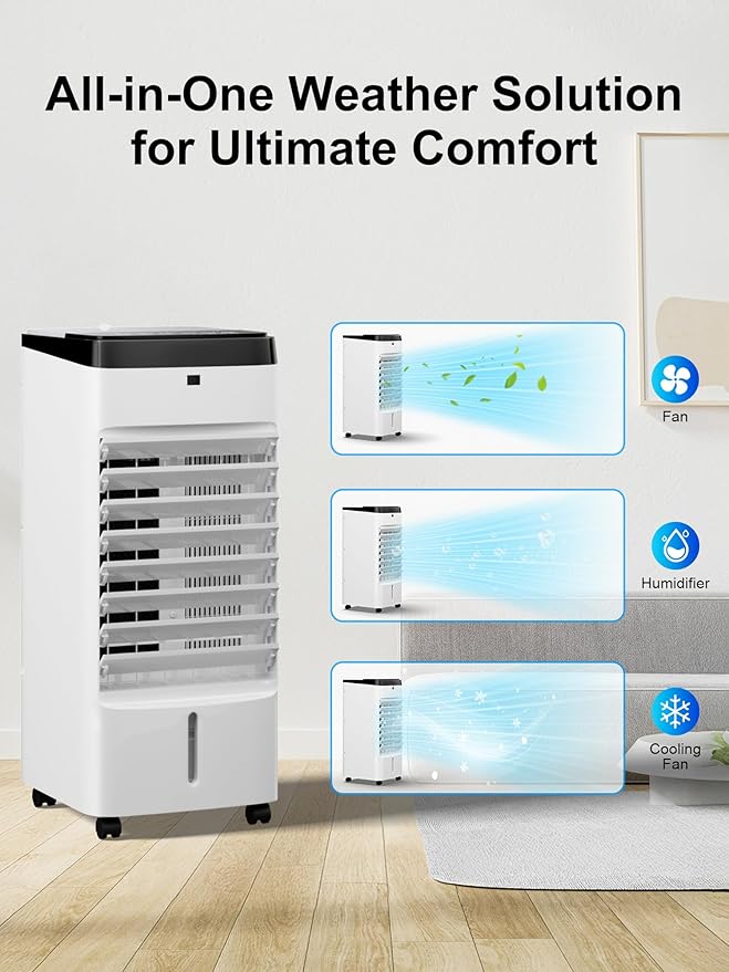 Uthfy 3 IN 1 Swamp Cooler, Portable Air Conditioner with Detachable Water Tank, 6 Ice Packs, 12H Timer, 120° Oscillation, Remote, 3 Speeds, 4 Modes, Evaporative Cooler for Bedroom, Office