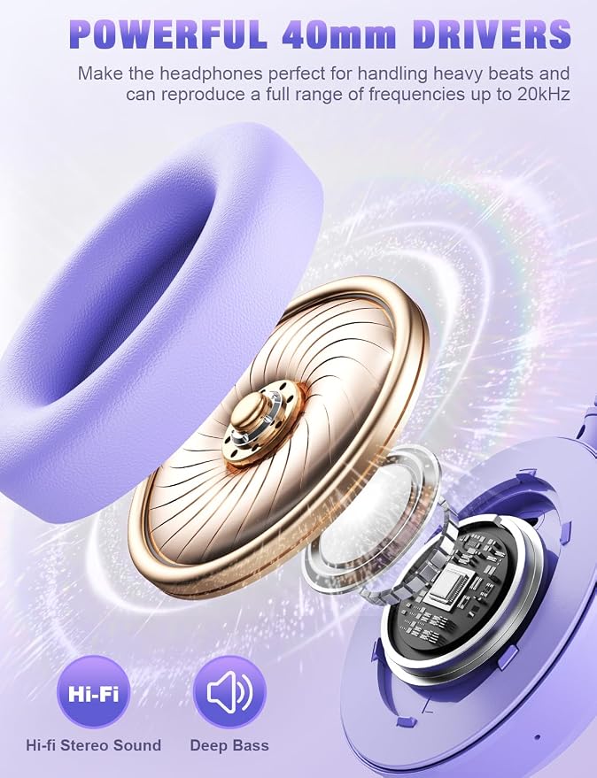 RUNOLIM Hybrid Active Noise Cancelling Headphones, Wireless Over Ear Bluetooth Headphones with Microphone, 100H Playtime, Foldable Headphone with HiFi Audio, Deep Bass for Home Travel Office(Purple)