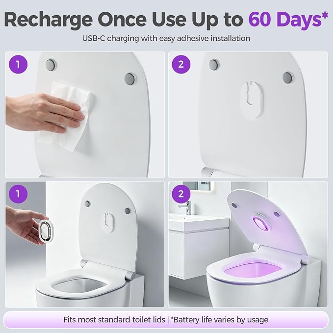 UV-C Toilet Lid Sanitizer 2 Pack, Hands-Free 99-Second Auto Cycle, Helps Reduce Odors, No Sprays or Residue, 180° Coverage, USB-C Rechargeable, Fits Most Toilet Lids