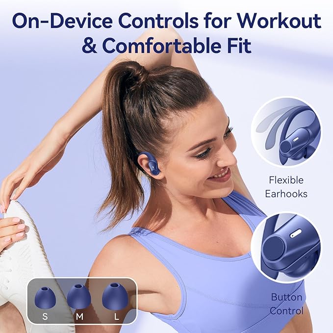Active Noise Cancelling Wireless Earbuds Bluetooth Headphones 80H Playtime Ear Buds with Power Display Case Hi-Res Sound & Clear Calls Over Ear Hooks Earphones for Sports Running Gym Workout Blue
