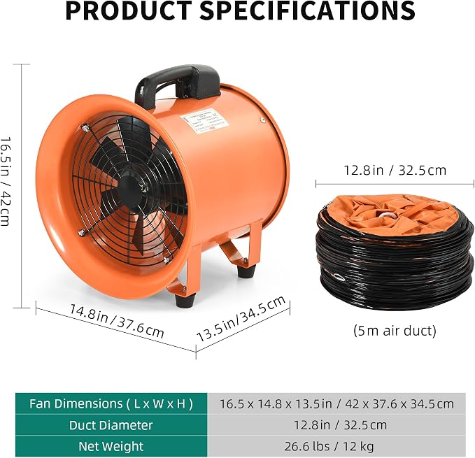 YITAHOME Exhaust Fan 12 Inch, Utility Blower Extractor Fan High Velocity, Portable Ventilation Fan with 16FT Ventilator Duct Hose for Industrial, Paint Booth