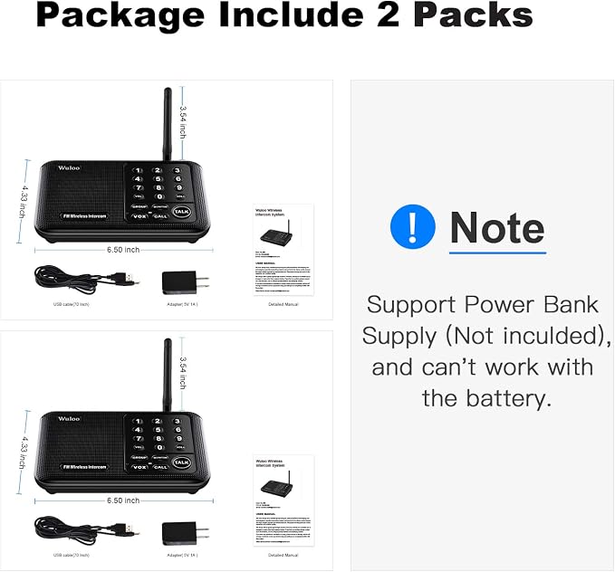 Wuloo Wireless Intercom System for Home 1 Mile Range 10 Channel 3 Code, Intercoms Wireless for Home House Business Office, Home Communication System, Room to Room Intercom WL666(2 Units Set Black)