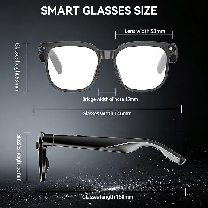 AI Smart Glasses with Camera,8MP Camera Glasses,1080P Anti-Shake Video Recording, Real Time Translation,AI Voice Assistant,Object Recognition,Bluetooth Sunglasses for Men Women(Transparent Lenses)