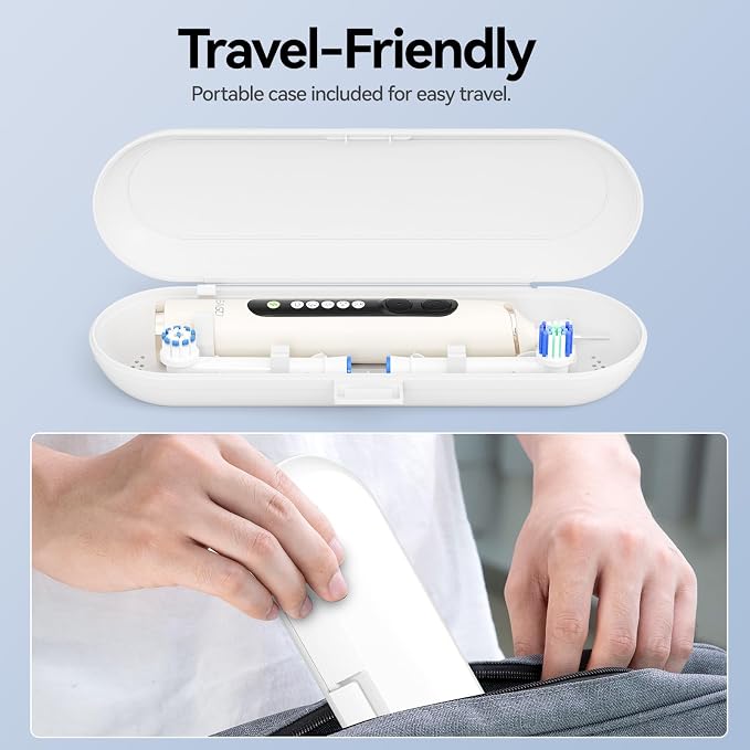 SEAGO Rotating Electric Toothbrush for Adults - 8 Replacement Heads (4 Soft/4 Hard), IPX7 Waterproof, 5 Modes with Memory Function, 2-Minute Timer, USB Type-C Rechargeable (SG-2607-Beige)