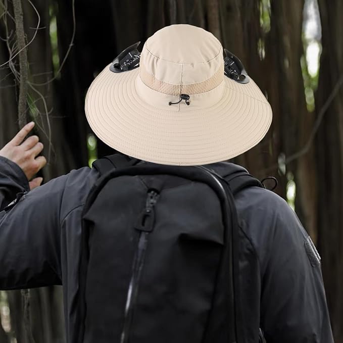 Outdoor Solar Powered Fan Hat for Men Women Breathable Wide Brim Hat with 2 Fans UPF 50+ Fishing Hat Beach Bucket Sun Hat