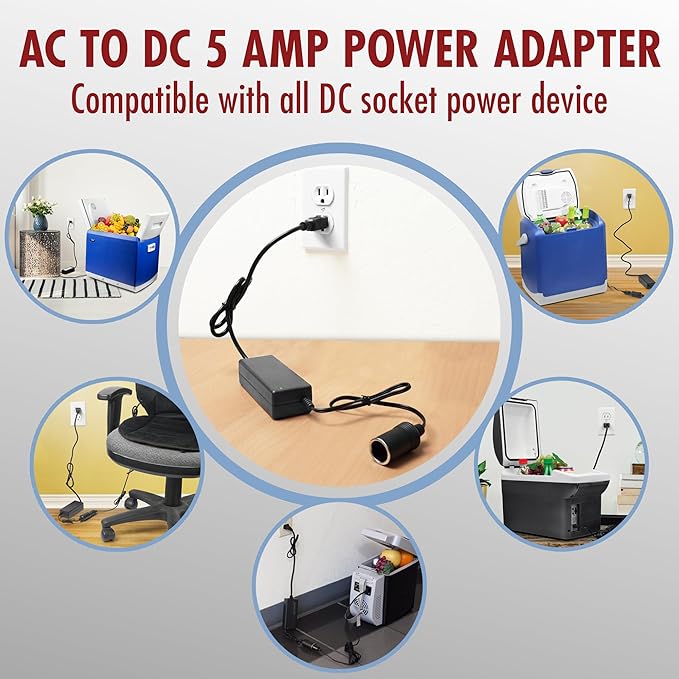 Wagan EL9903 AC to DC Power Adapter 5A 60W Power Converter 110V AC to 12V DC Cigarette Lighter Socket Adapter for 12V Car portable Fridge ETL listed