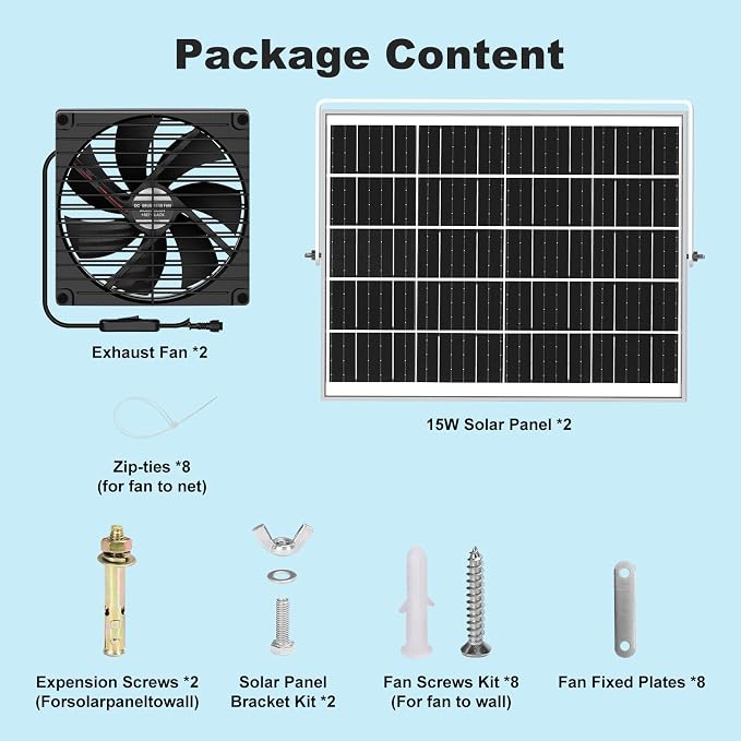 7.5" Solar Chicken Coop Fan 2 Pack, 15W x 2 Solar Powered Greenhouse Fan, Solar Exhaust & Intake Fans Outdoor Waterproof, for Doghouse Shed Pet Air Circulation Ventilation Cooling, No Battery