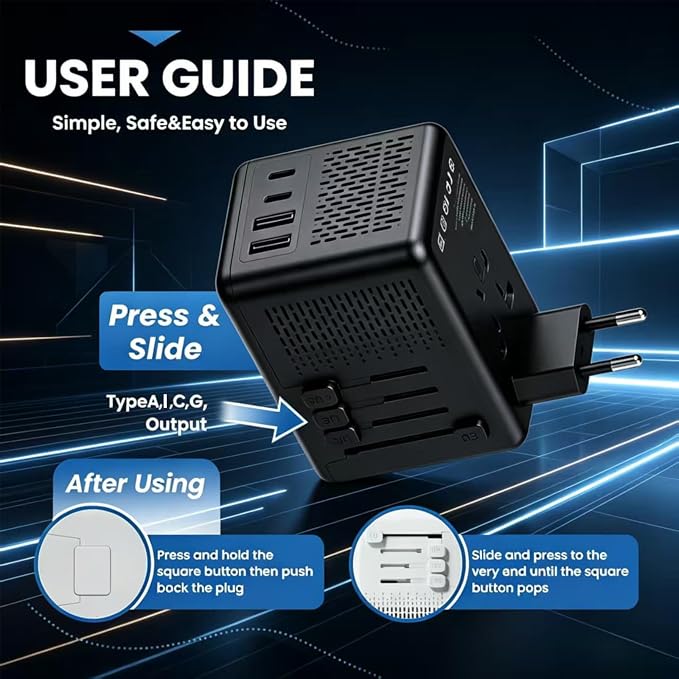 220V to 110V Voltage Converter US to Europe for Hair Dryer, Power Converter Adapter Combo with Fast Charging 2 USB A & 2 USB C, International Adapter European Travel Converter C G A I (Black)