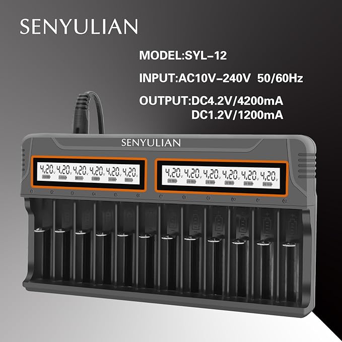 18650 Battery Charger, Senyulian 12 Bays Smart Universal Charger LCD Display for Rechargeable Batteries Ni-MH Ni-Cd AA AAA Li-ion LiFePO4 IMR