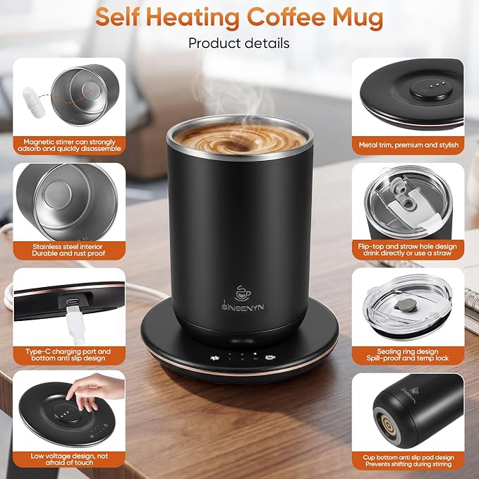 Self Stirring Coffee Mug, Self Heating Coffee Mug, Heated Cup with 3-Level Smart Temperature Control, Auto Shut-Off Electric Coffee Cup Warmer with Detachable Base, Gift for Family Friends (Black)