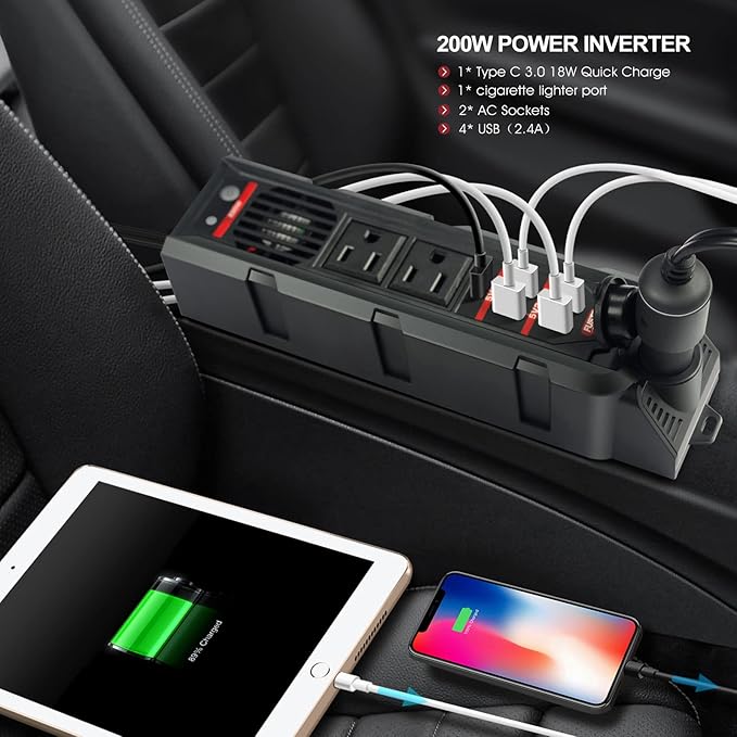 200W Car Power Inverter,DC 12V to 110V AC Vehicle Converter with Type-C Port,Dual AC Outlets and 4 Quick 2.4A USB Ports for Car Cigarette Lighter Adapter