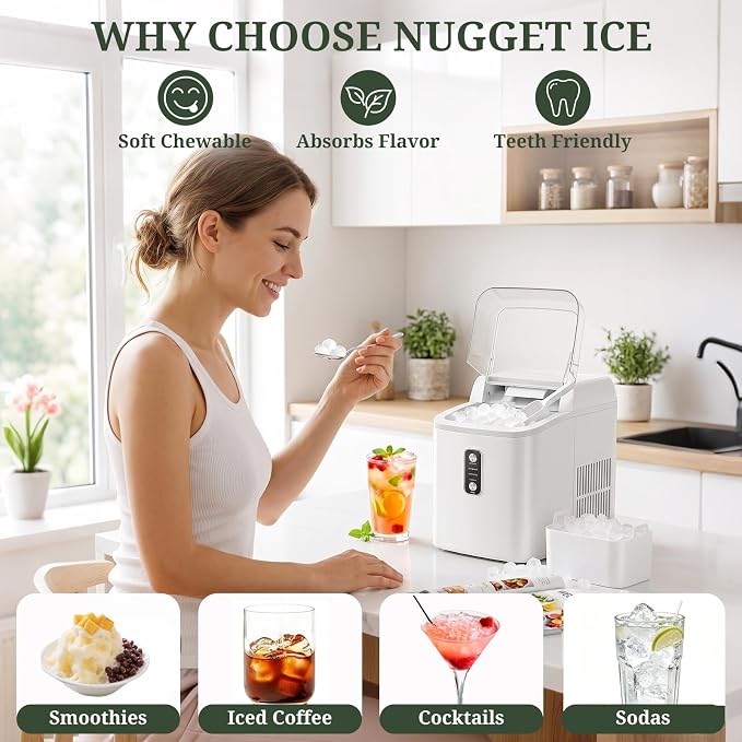Nugget Ice Maker Countertop, 6-Min Fast Chewable Pellet Ice, 24lbs/24H Portable Ice Machine with Self-Cleaning, Ice Full & Low Water Indicator, Basket & Scoop for Home, Party, RV, Camping (White)