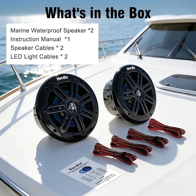 Herdio 8" 450W Marine Speakers - IP66 Waterproof Coaxial Audio, with Blue LED Light for Boats, ATVs, UTVs with UV Resistant Black Grille (A Pair)