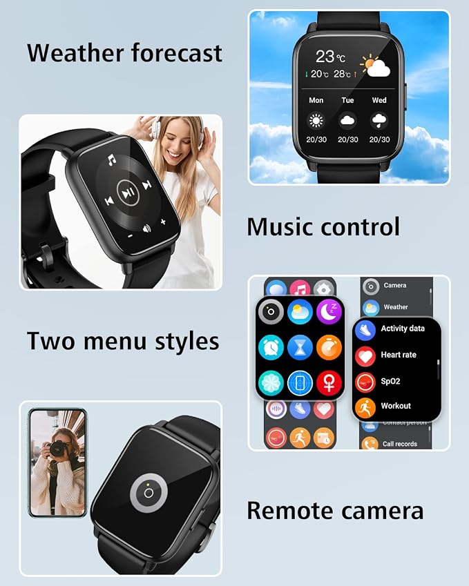 RUIMEN Smart Watches for Men Women (Answer/Make Calls, 2 Bands Included), 1.8" Smartwatch for iOS/Android Phones, Fitness Tracker Heart Rate/Sleep Monitor Digital Watch Waterproof Black
