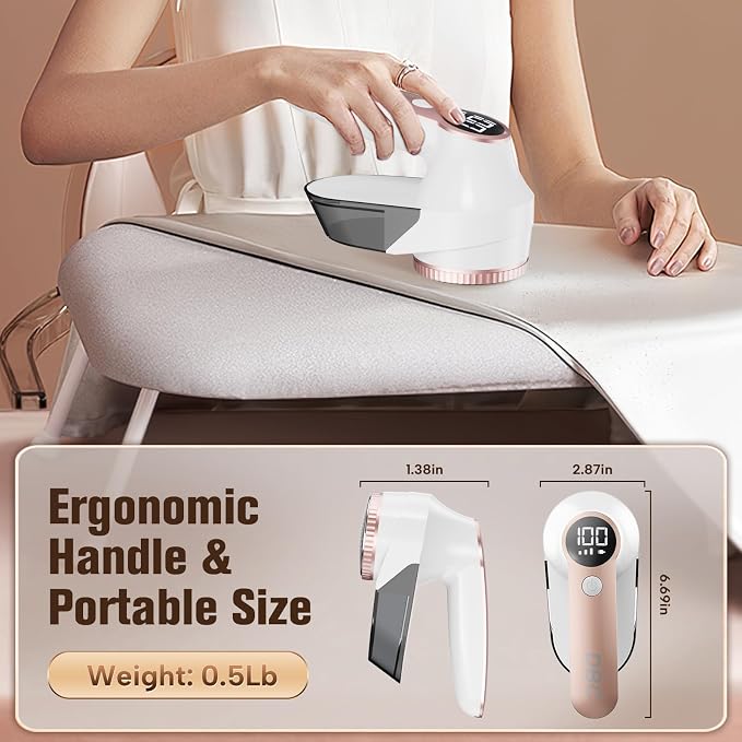 DBC Fabric Shaver with 15000r/Min Powerful Motor, LED Display, 3-Speeds, 6-Leaf Blades, Large Shaving Head Lint Remover for Clothes, Lint Ball, Furniture, Fuzz - Pink & White