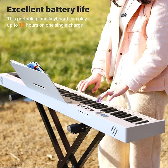 88 Key Keyboard Piano BSP-10F Portable Folding Piano with Semi-Weighted Keyboard, 128 Tones, USB MIDI, Sustain Pedal, Music Stand for Beginners Gifts, White