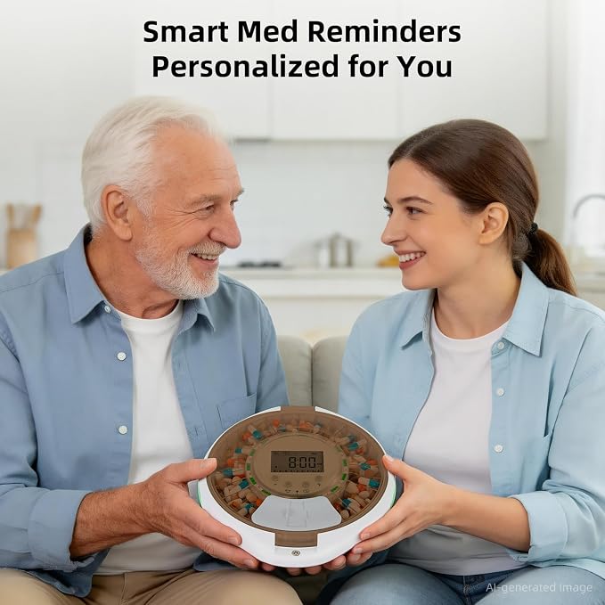Smart Pill Organizer, 28-Day Bluetooth Automatic Pill Dispenser with APP Control for Seniors, Caregivers Care - Tracks Adherence History, Up to 9 Daily Doses, Sound Light Reminders
