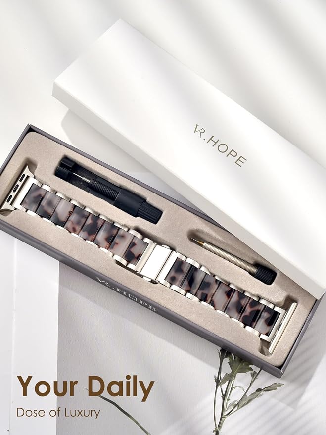 V.R.HOPE Apple Watch Band for Women 38mm 40mm 41mm 42mm, Fashion Rose Gold Stainless Steel Metal Strap with Resin Inlay, Fashion Bracelet Compatible with iWatch Series 11/10/9/8/7/6/5/4/3/2/1/SE (Black Floral+Starlight)
