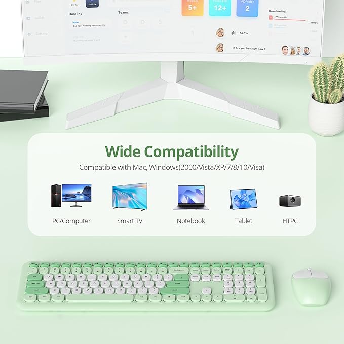 Wireless Typewriter Keyboard and Mouse Combo Retro 104 Key Full Size Office Set Green with Silent Round Keycaps,Ideal for Laptop and Desktop PCs, Cute Design Keyboard (Green White)