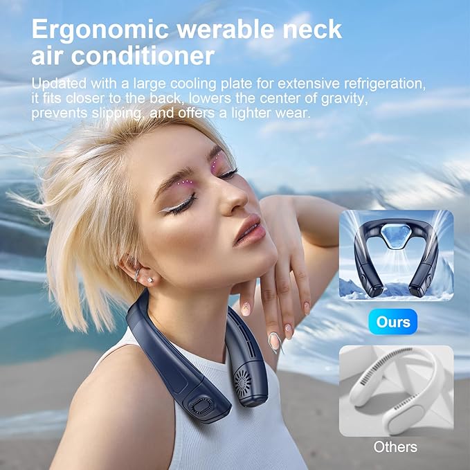 Neck Air Conditioner Fans That Blow Cold Air, 6000 mAh Battery Operated Wearable Cooling Device Fan, Bladeless, Rechargeable Fan, BLue