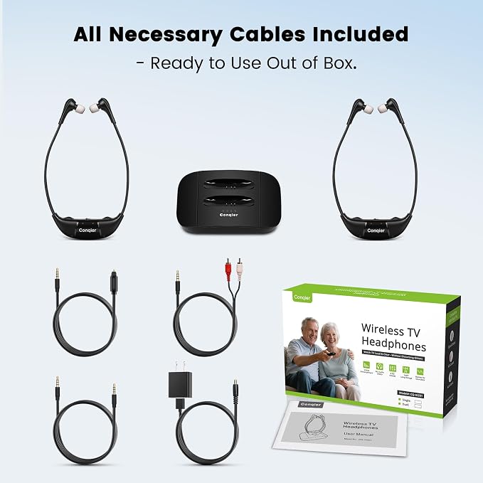 Conqier Dual TV Wireless Headphones - Dialogue Clear & 164FT Range, 3 TONE, Peacefully Watch Together, Wireless TV Headsets for Seniors, Audio Bypass to Soundbar, Left/Right Balance, Individual Volume