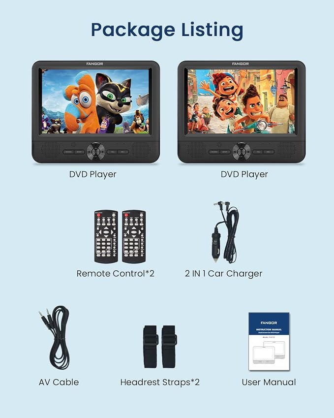 Car DVD Player Dual Screen, FANGOR 7.5 Inch DVD Player for Car Play The Same or Two Different Movies with Headrest Straps, Support Last Memory, AV Out/in, USB/SD Card, All Regions