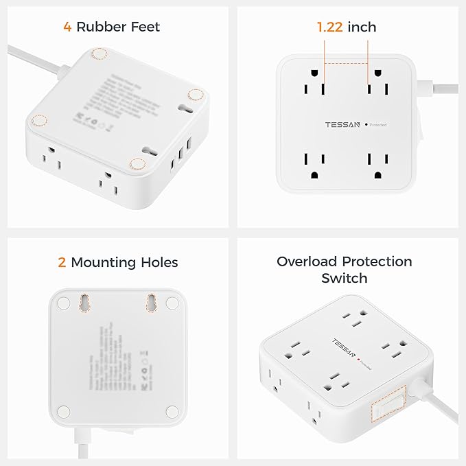 TESSAN Surge Protector Power Strip, 10 Ft Flat Plug Extension Cord with 3 USB (1 USB C) 8 Outlets, 1250W, 900J Protection, 3 Sided Outlet Extender with Power Switch for Office, Dorm Room, White