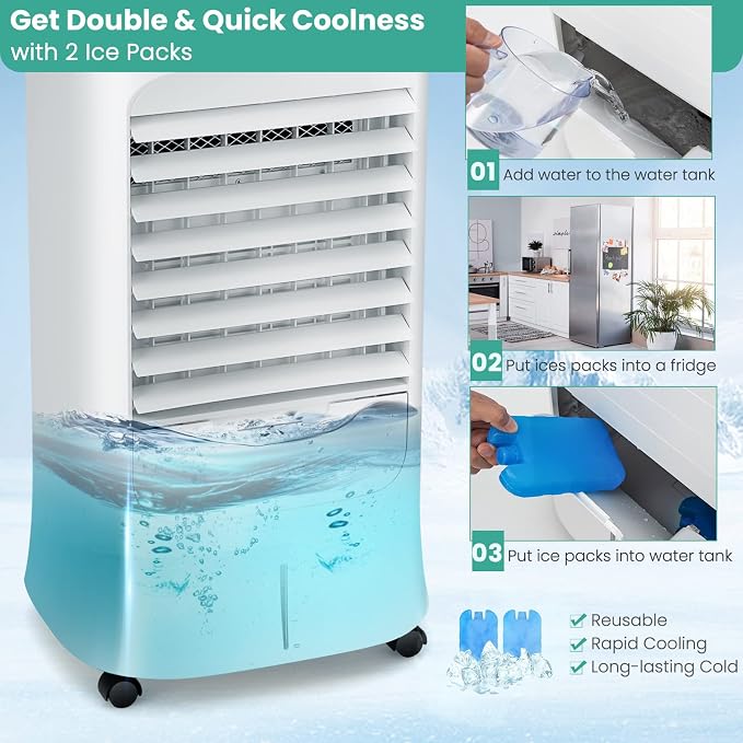 DORTALA Evaporative Air Cooler, Portable Cooling Fan with Remote, 15H Timer, 63° Oscillation, 3 Modes, 3 Speeds, 2.6 Gal Water Tank, Personal Swamp Cooler for Bedroom Home Office Dorm