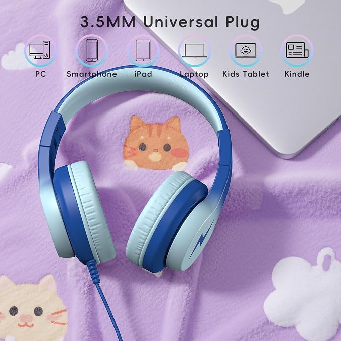 Candy Bila Kids Headphones, Wired Headphones for Kids Over Ear with Microphone, Foldable Headphone for Learning & Entertainment,Light Blue
